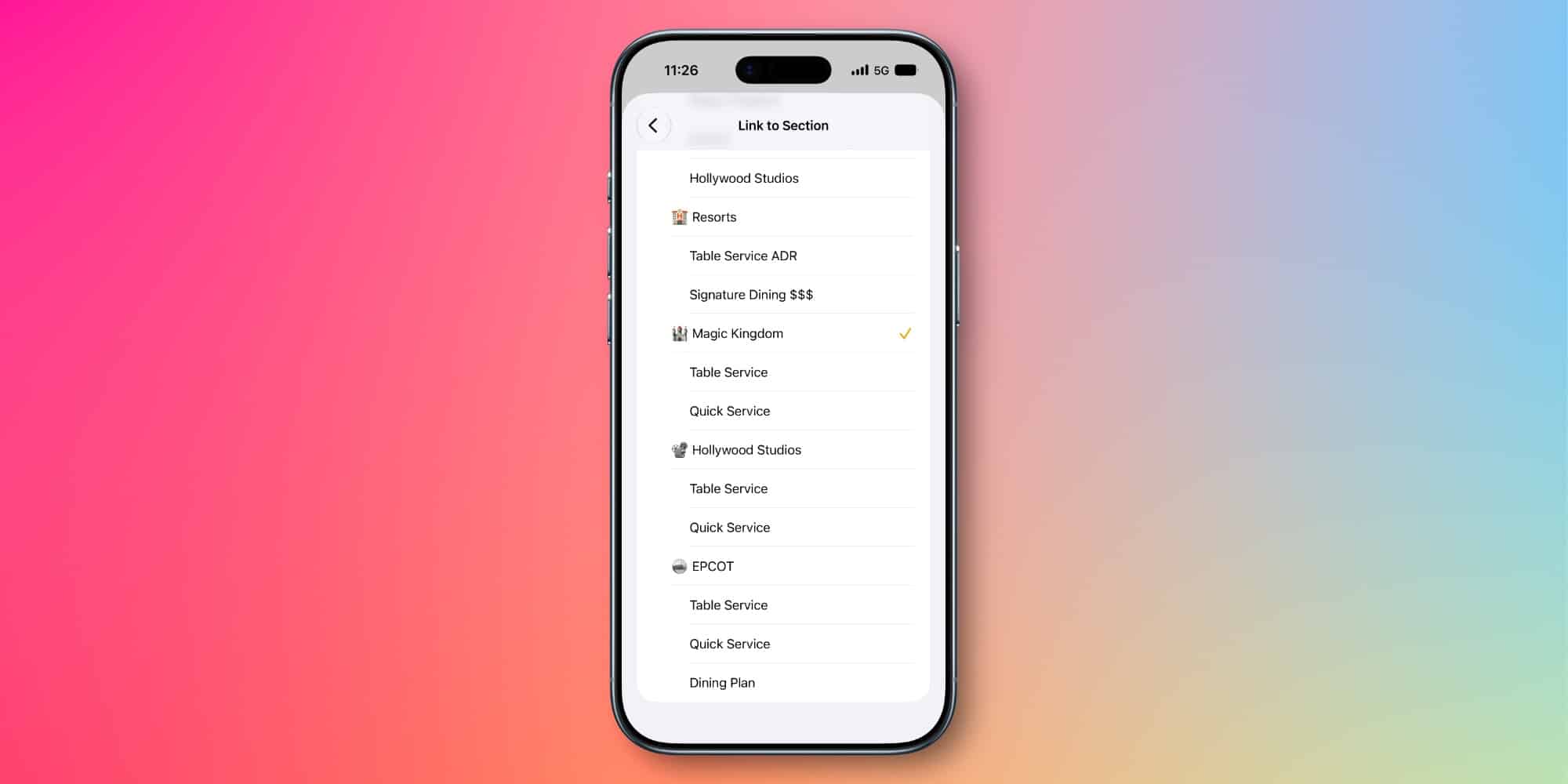 Екрана iPhone зі списком розділів для посилання в Apple Notes, включаючи розділи для Hollywood Studios, Magic Kingdom та