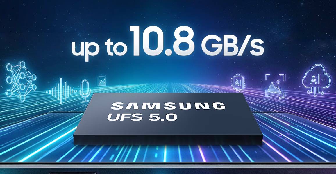 Логотип Samsung UFS 5.0 на чорній платформі з надписом про максимальну швидкість читання до 10,8 ГБ/с на фоні цифрових