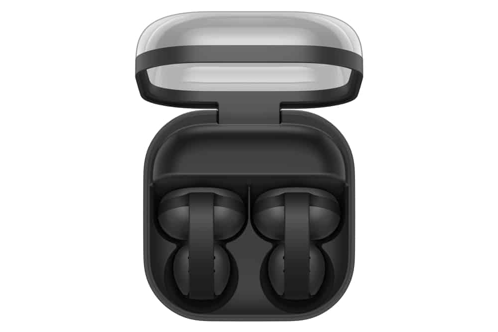 Відкритий зарядний кейс Samsung Galaxy Buds On з двома навушниками всередині та прозорою кришкою