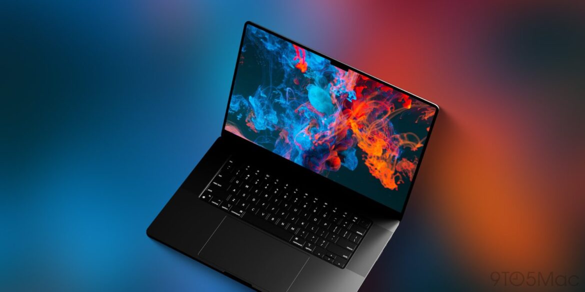 MacBook Pro чорного кольору з яскравим дисплеєм на синьо-оранжевому фоні, що ілюструє анонс нового дизайну ноутбука на весну