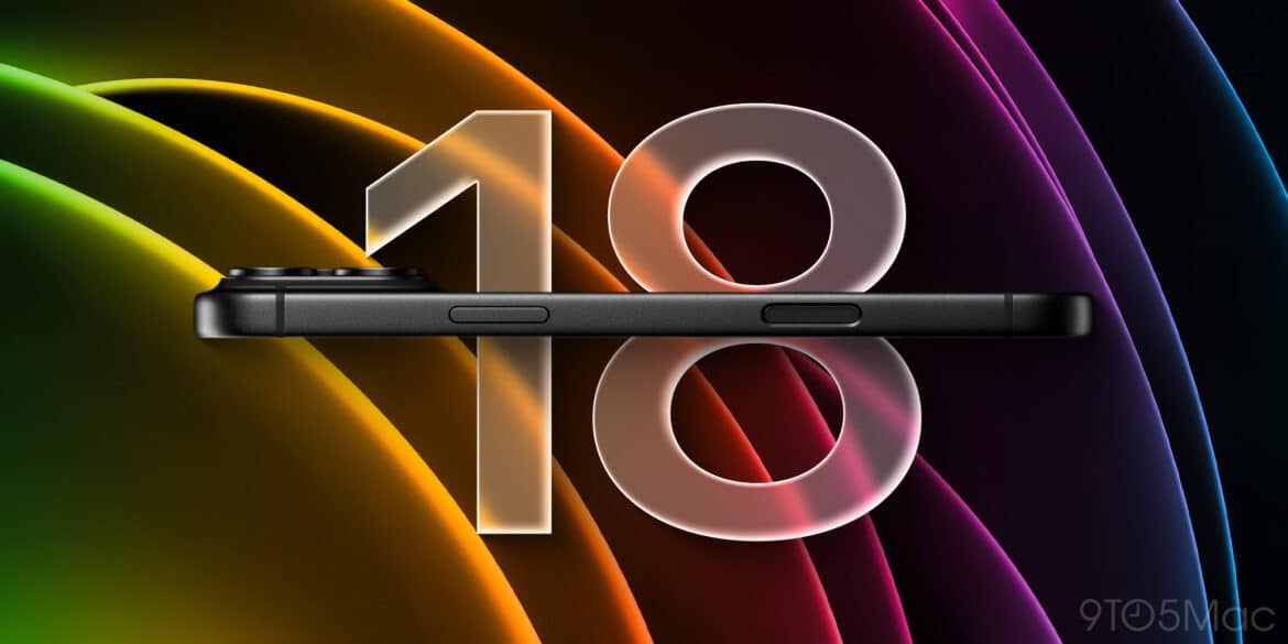 IPhone 18 чорного кольору, представлений проти яскравого неонового фону з цифрами 18