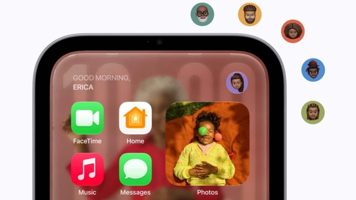 Екран Apple HomeView з іконками застосунків FaceTime, Home, Music, Messages і Photos, а також аватарами п'яти членів родини в