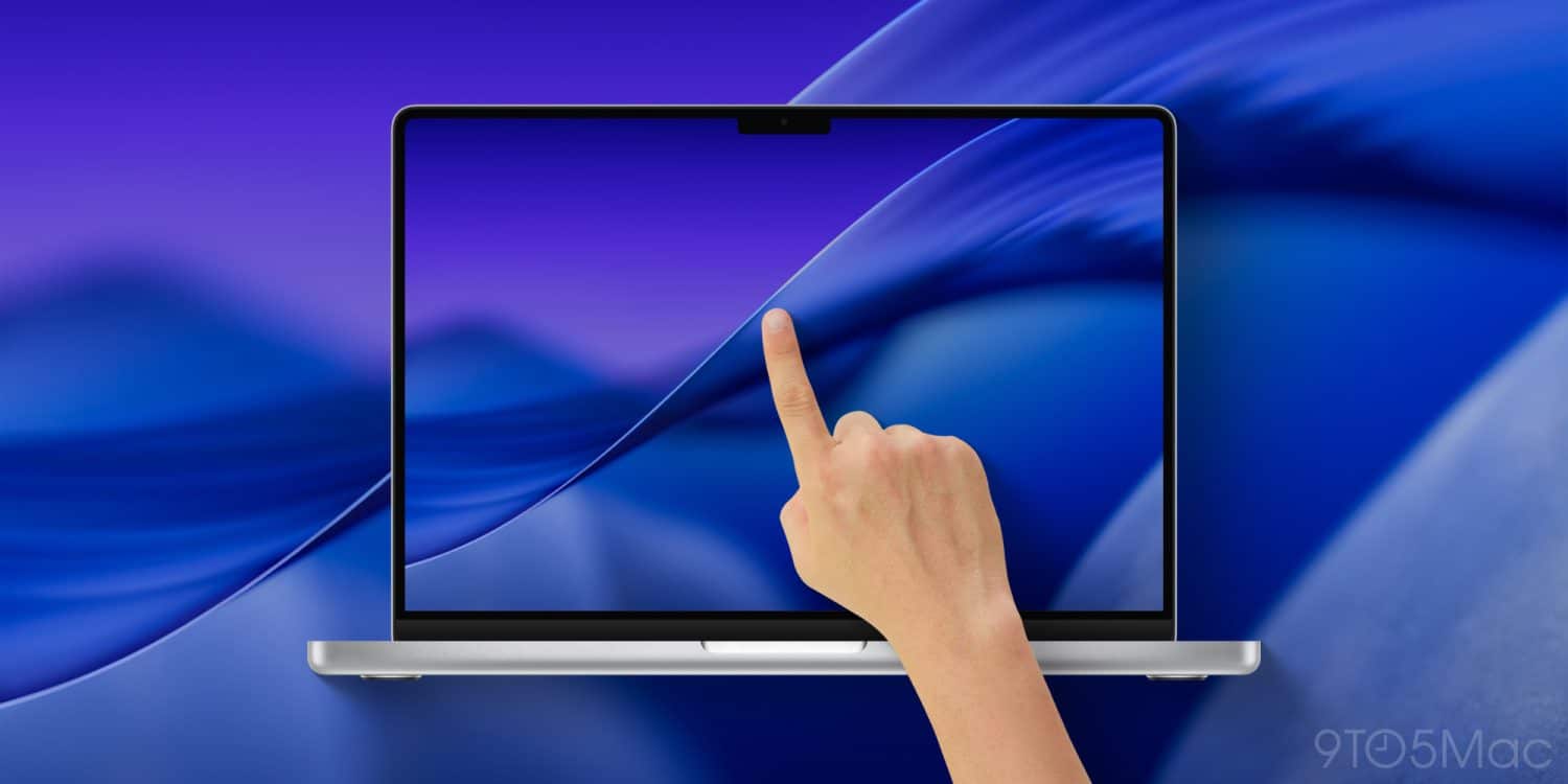 MacBook Pro з сенсорним дисплеєм і рукою, яка торкається екрана на фіолетовому фоні