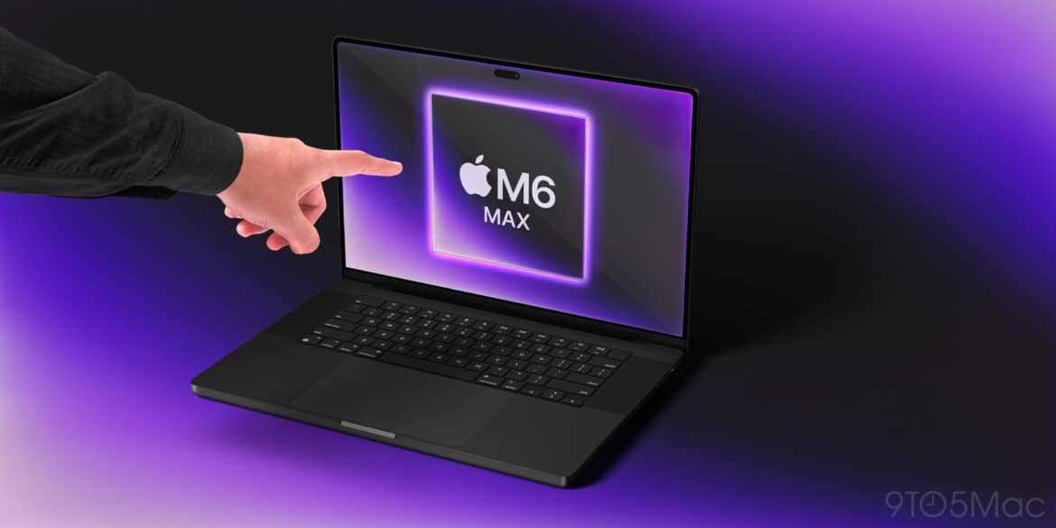 MacBook Pro з чипом M6 Max на екрані, рука вказує на ноутбук на фіолетовому тлі