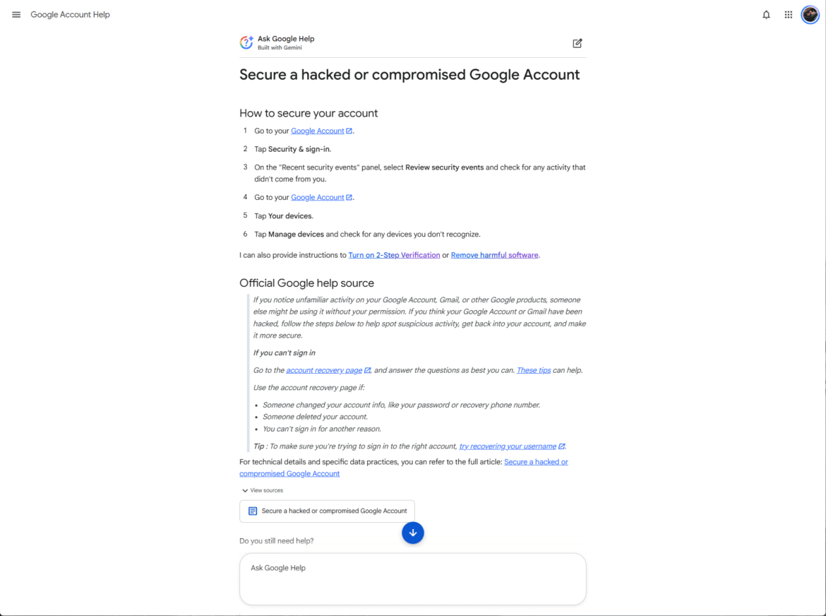 Сторінки Google Account Help про захист взломаного акаунту з покроковими інструкціями та посиланнями