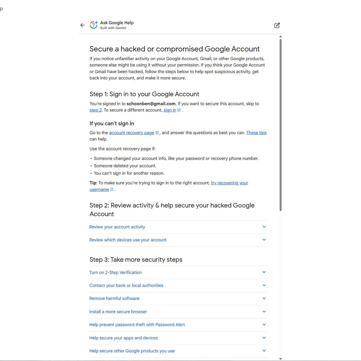 Оновленої сторінки про безпеку акаунту Google з розгорнутими розділами кроків для захисту