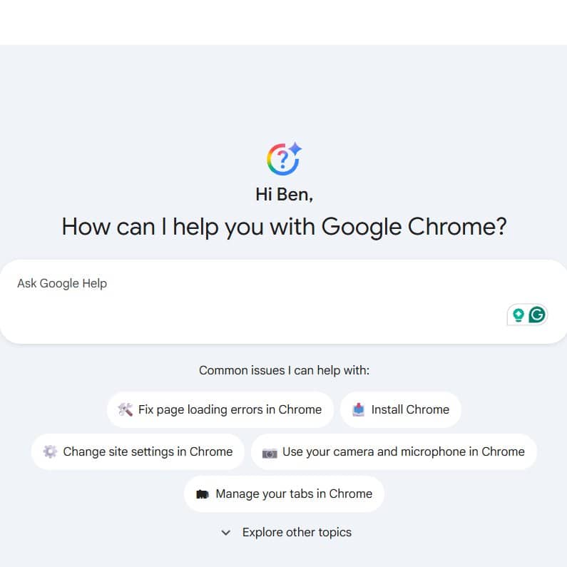Сторінка Google Chrome Help з AI-чатботом Gemini, який пропонує допомогу з поширеними проблемами браузера