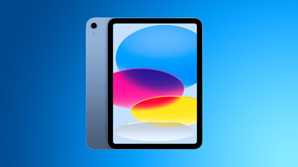IPad із блакитно-сірим корпусом, на екрані якого видна колорова абстрактна композиція з синіми, рожевими та жовтими