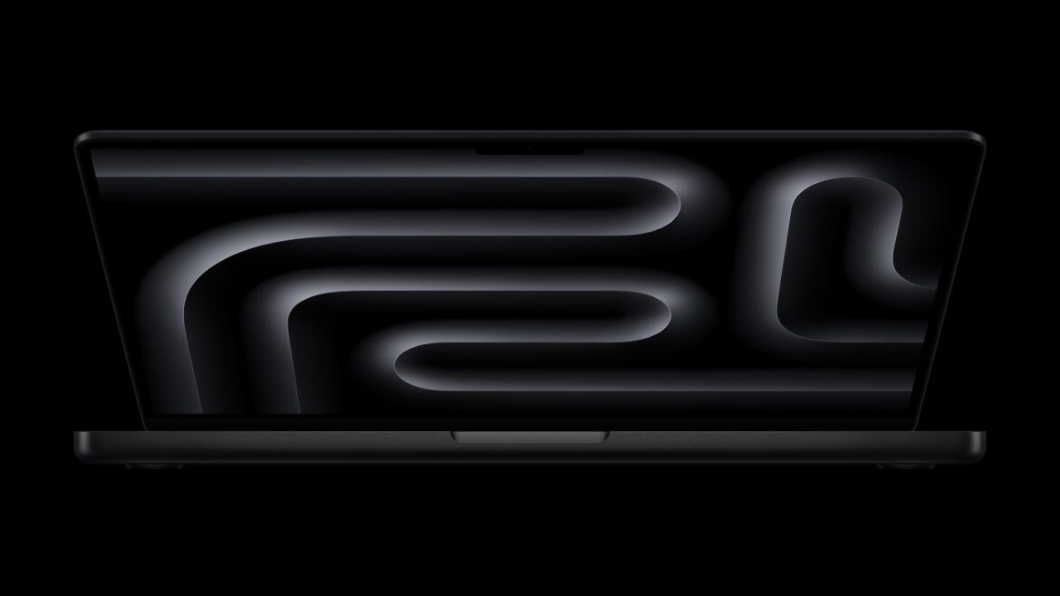 Дисплей MacBook Pro з волнистими лініями, що символізують нову OLED-матрицю та сенсорні можливості
