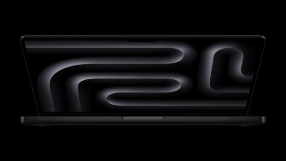 Дисплей MacBook Pro з волнистими лініями, що символізують нову OLED-матрицю та сенсорні можливості