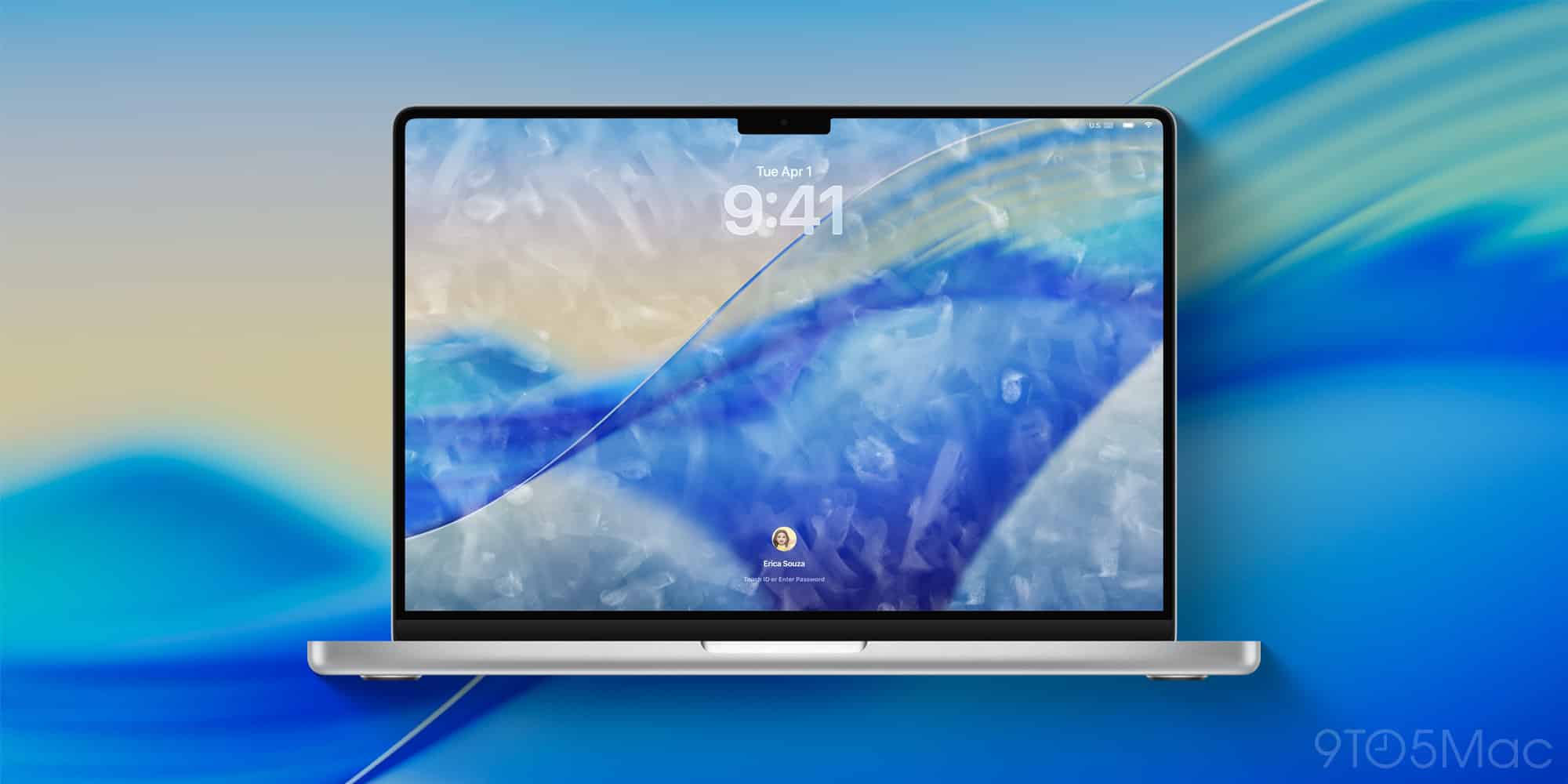 MacBook Pro з блакитним шпалером на екрані, що показує новий дизайн ноутбука Apple