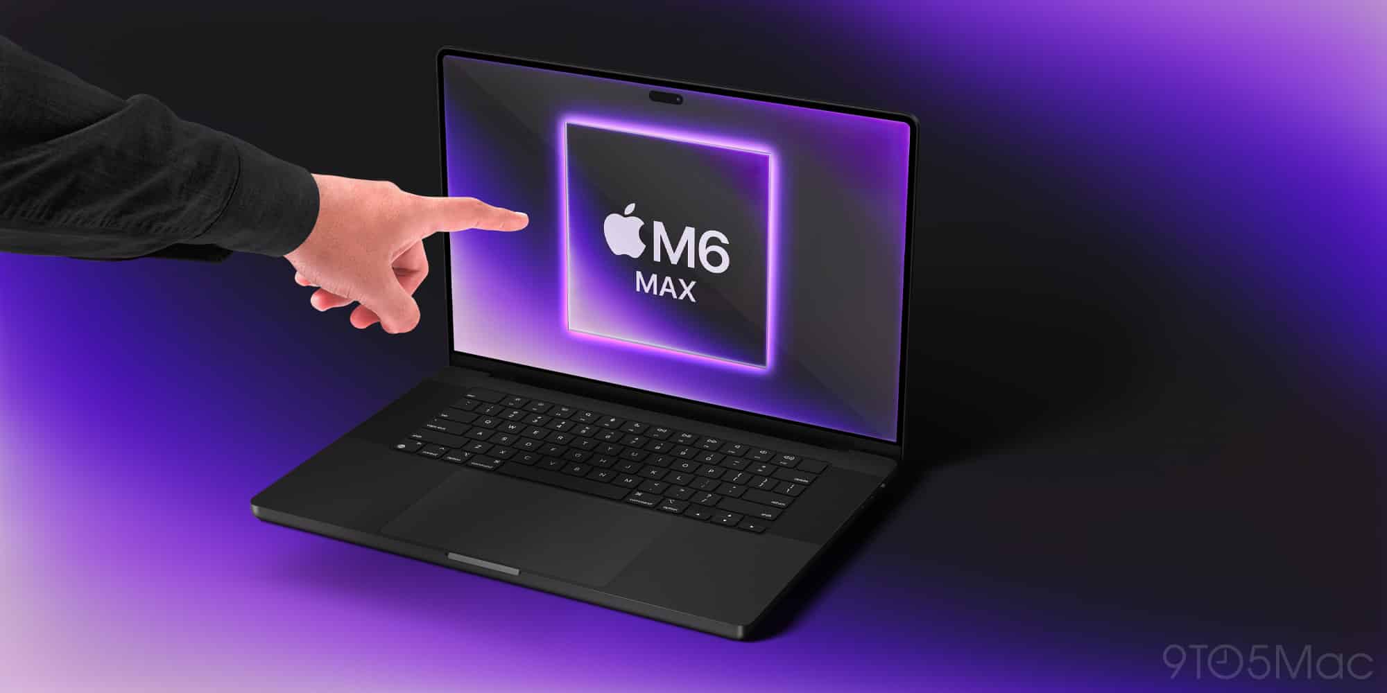 MacBook Pro з логотипом M6 Max на екрані, освітлений фіолетовим світлом на темному тлі