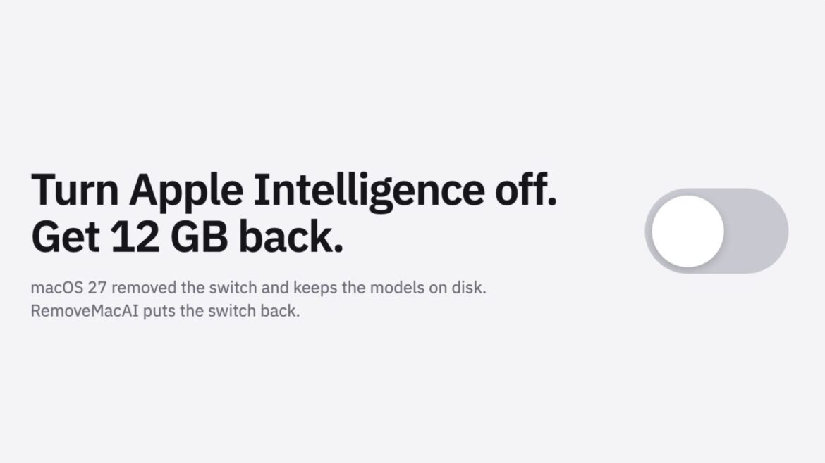 Інтерфейсу з заголовком про видалення Apple Intelligence та повернення 12 ГБ місця на Mac, поруч перемикач у положенні