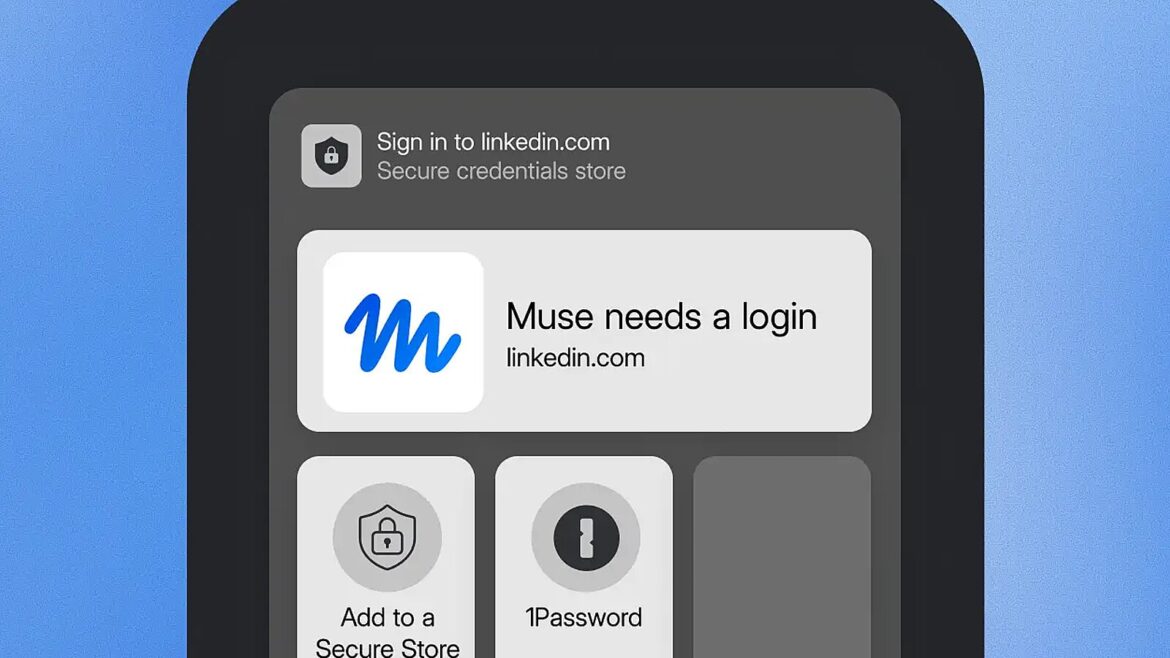 Смартфон із запитом Muse на вхід у linkedin.com та варіантами Add to a Secure Store і 1Password