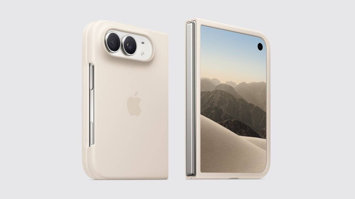 Складний смартфон iPhone Duo з чохлом бежевого кольору, вид спереду та ззаду, з дисплеєм, що показує гірський пейзаж, та