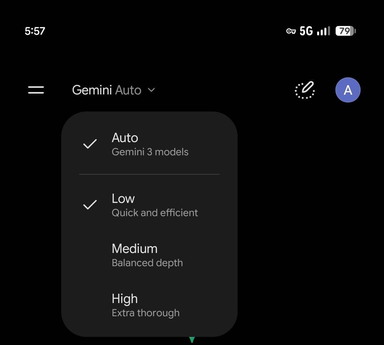 Меню вибору моделі Gemini Auto для мобільного додатку з опціями Low, Medium і High