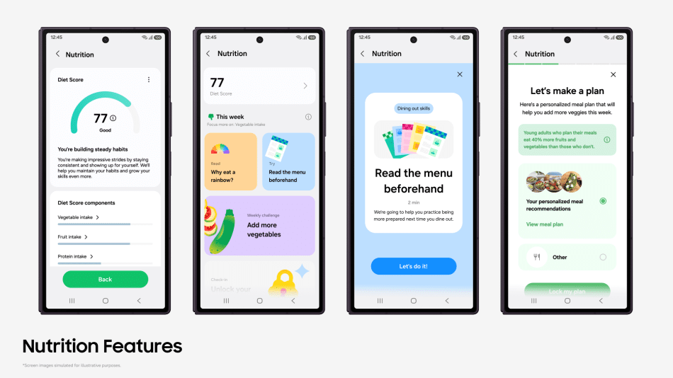 Екрани Samsung Health з функціями Diet Score, рекомендаціями з харчування і персоналізованим планом харчування