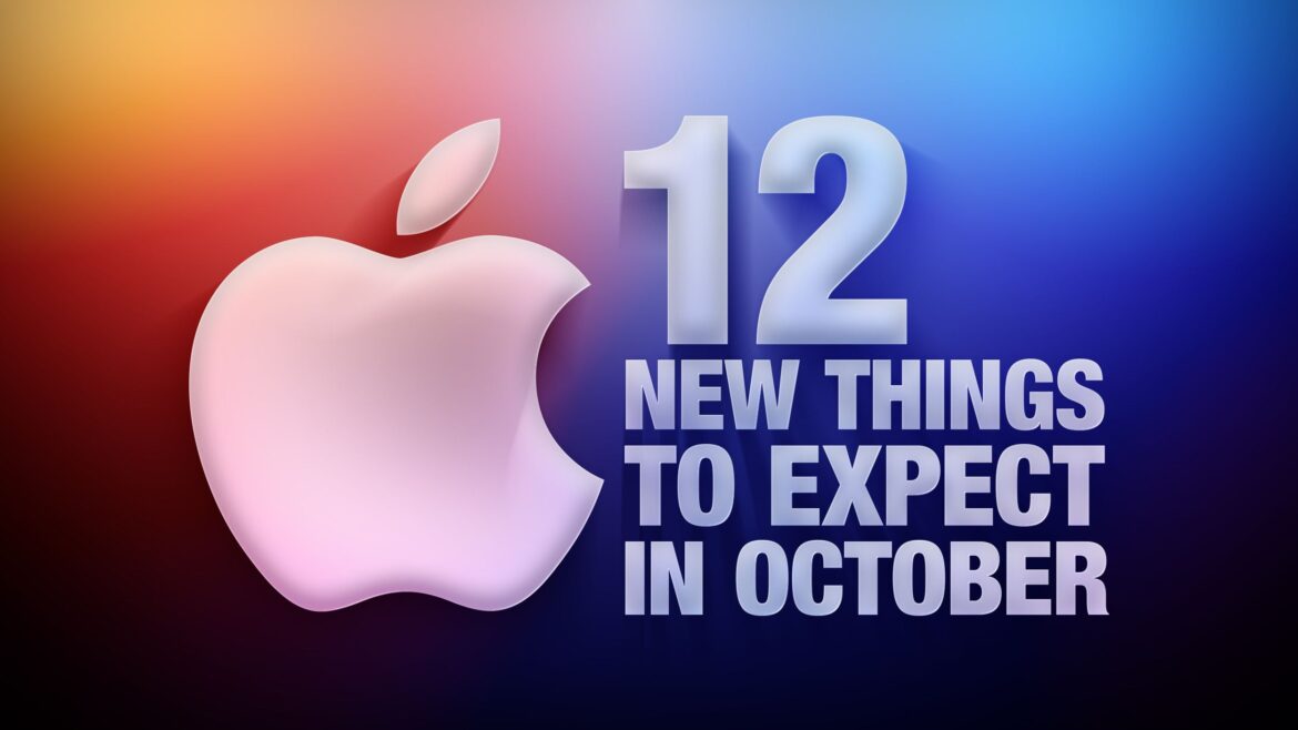 Логотип Apple на градієнтному фоні з текстом про 12 нових продуктів та оновлень, очікуваних у жовтні