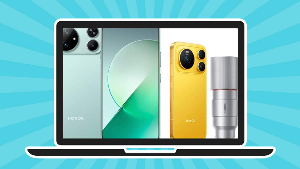 Ноутбук з екраном, на якому показані чотири смартфони Honor з різними дизайнами корпусу та камерних модулів