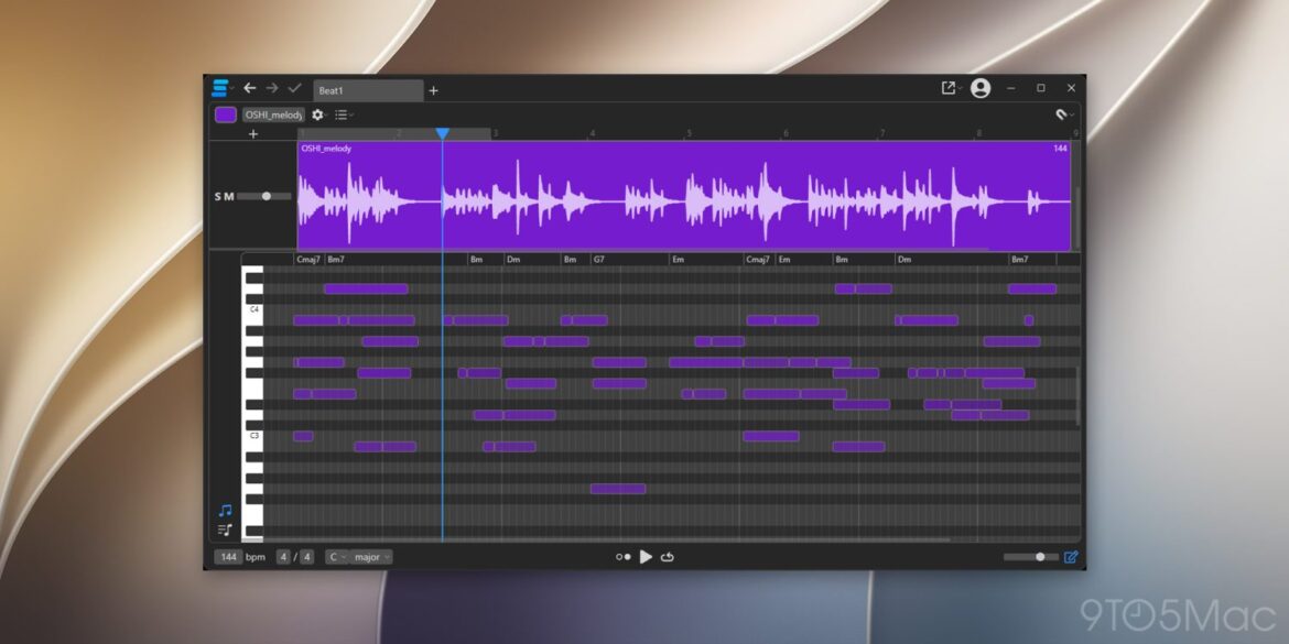 Інтерфейс DAW з фіолетовою хвильовою формою аудіо та MIDI-доріжками для редагування музики