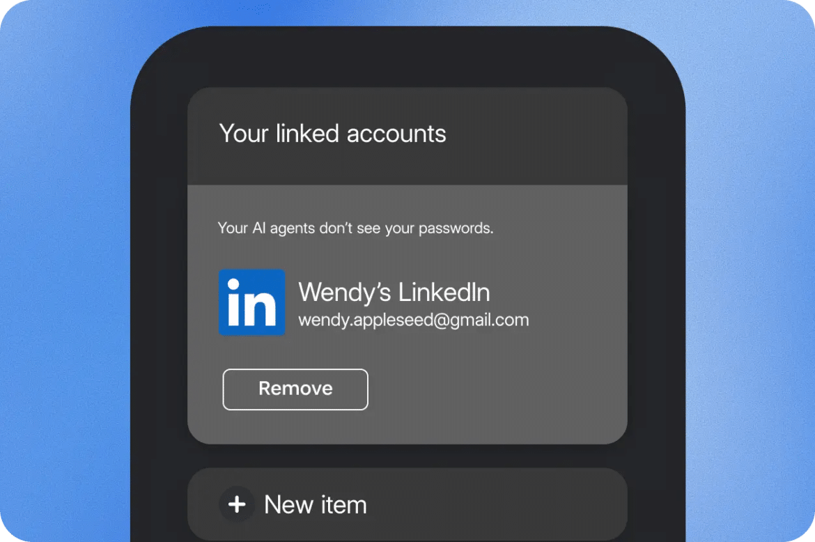 Список пов’язаних акаунтів із карткою LinkedIn і написом, що AI-агенти не бачать паролів