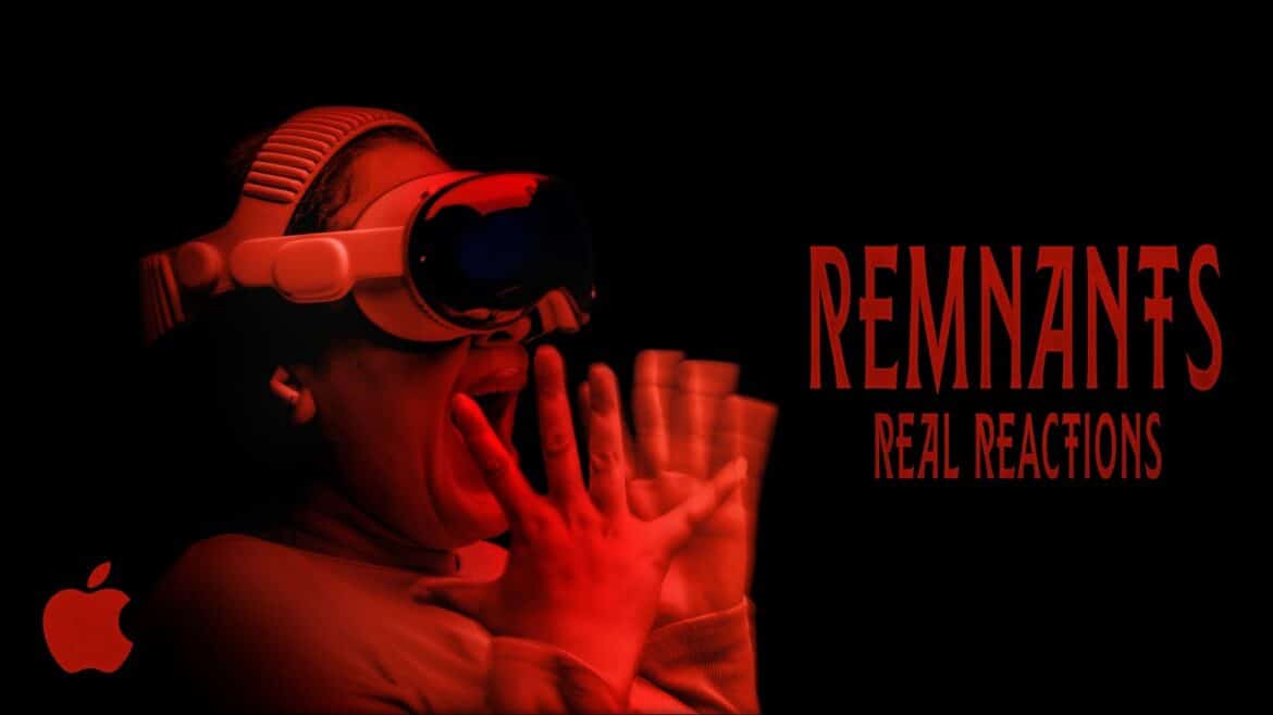 Людина у VR-окулярах Vision Pro з червоним освітленням, демонструючи реакцію на перегляд хорор-фільму Remnants, логотип Apple