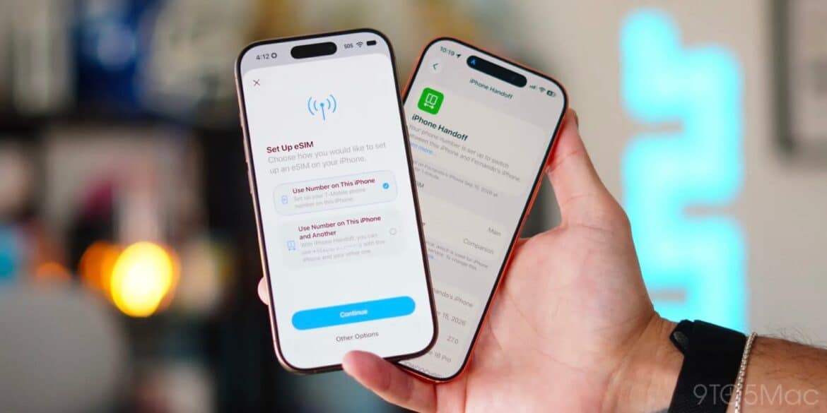 Два iPhone в руках демонструють екрани з налаштуванням функції iPhone Handoff для використання одного номера на двох