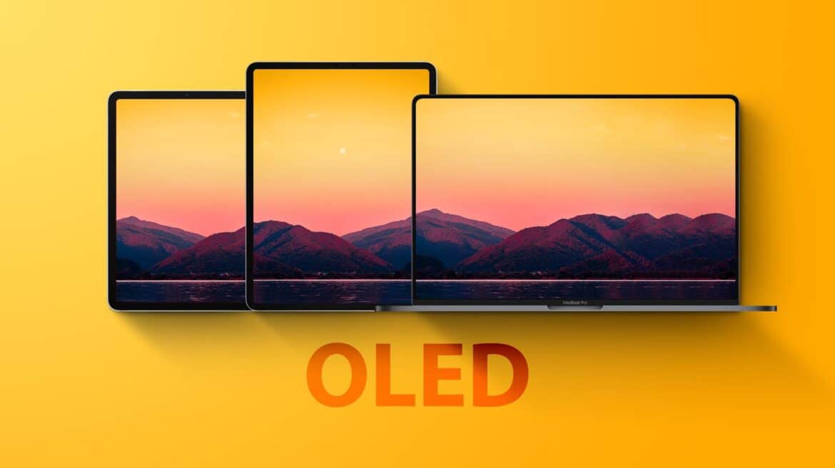Три смартфони з OLED-дисплеями на жовтому фоні, що показують гірський пейзаж у сонячний час, ілюструючи технологію дисплеїв