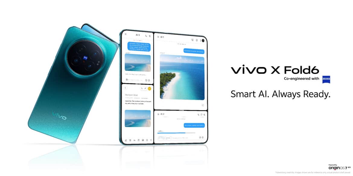 Vivo X Fold6 з камерним блоком в бірюзовому кольорі та розкритий смартфон з кількома вікнами додатків на екрані