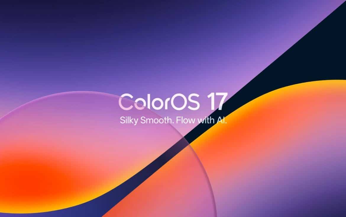 Логотип ColorOS 17 з написом Silky Smooth, Flow with AI на фіолетово-помаранчевому градієнтному фоні