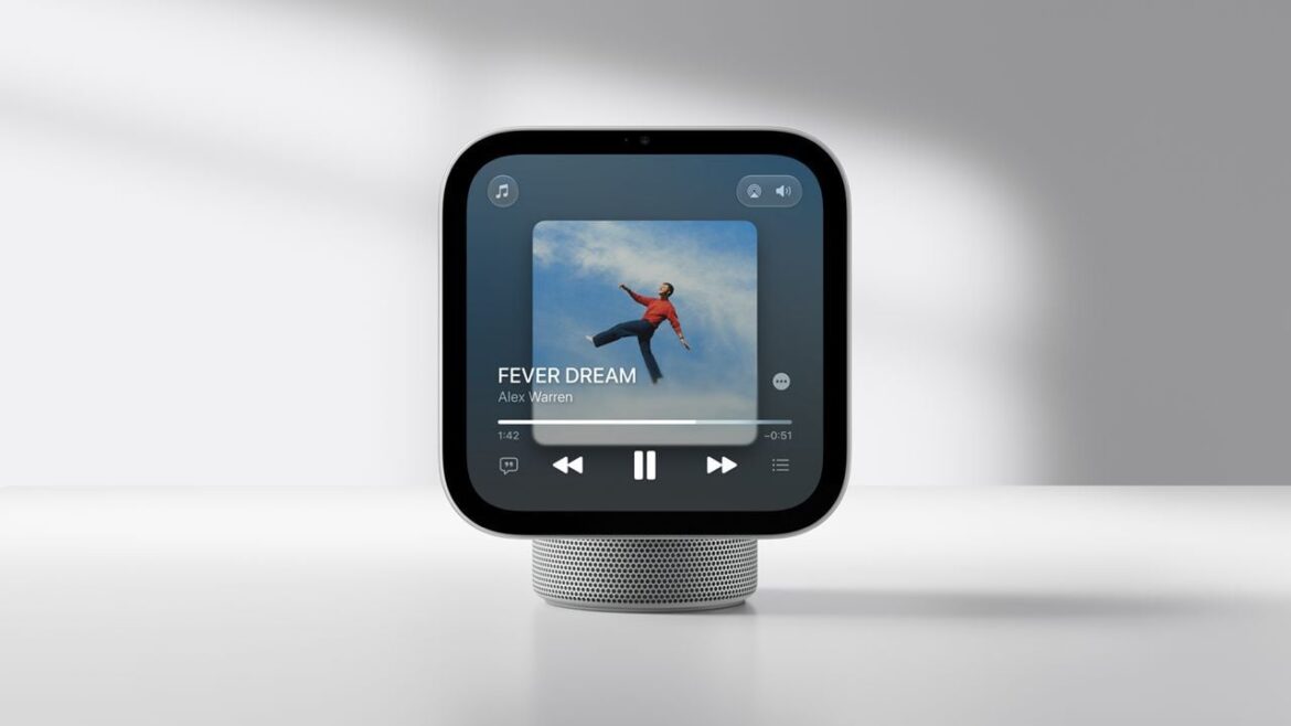 Смарт-динамік Apple HomeView з екраном, на якому відображається програвач музики з піснею Fever Dream від Alex Warren