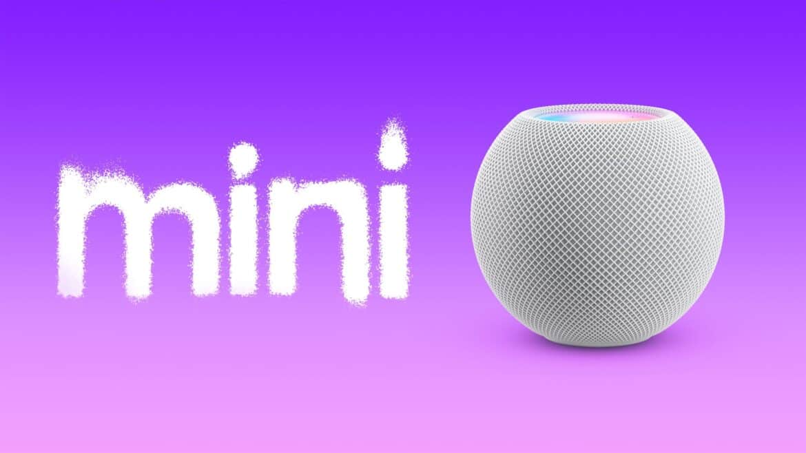 HomePod mini біла колонка на фіолетовому фоні з написом mini сліва