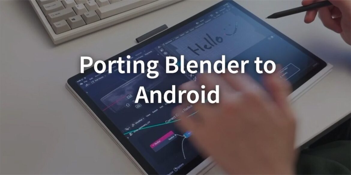 Планшет з відкритим інтерфейсом Blender, людина використовує стилус для роботи з 3D-моделюванням на сенсорному екрані