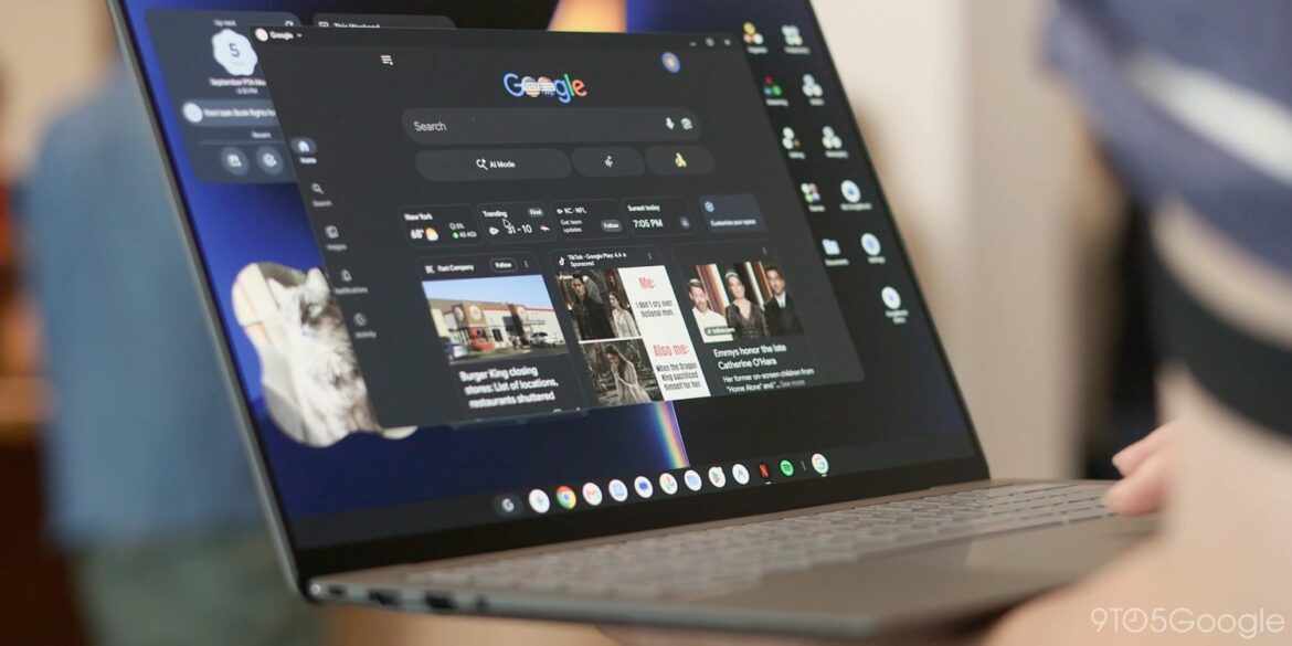 Googlebook з відкритим Google Search і Gmail у темній темі інтерфейсу