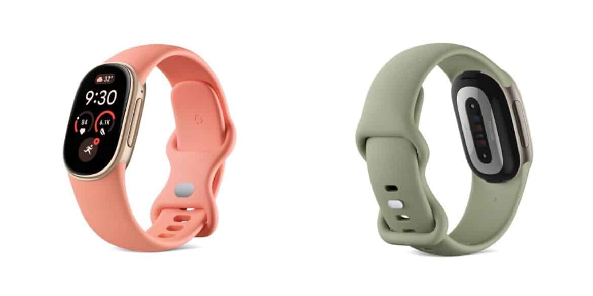 Два фітнес-трекери Fitbit Edge: коралово-рожевий та оливково-зелений з AMOLED-екранами