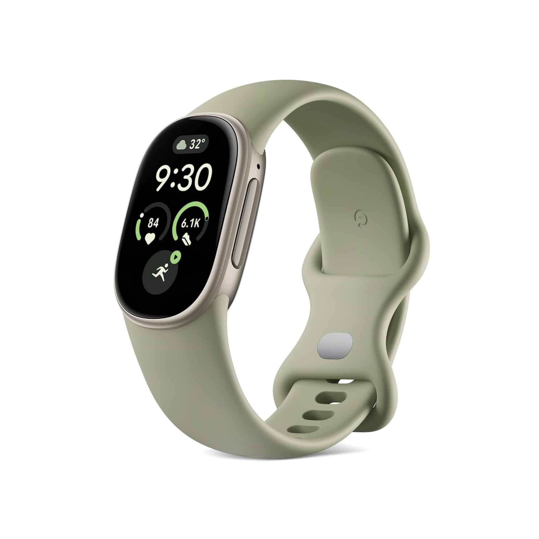 Fitbit Edge в оливково-зеленому кольорі з активним ремінцем, вид спереду з дисплеєм