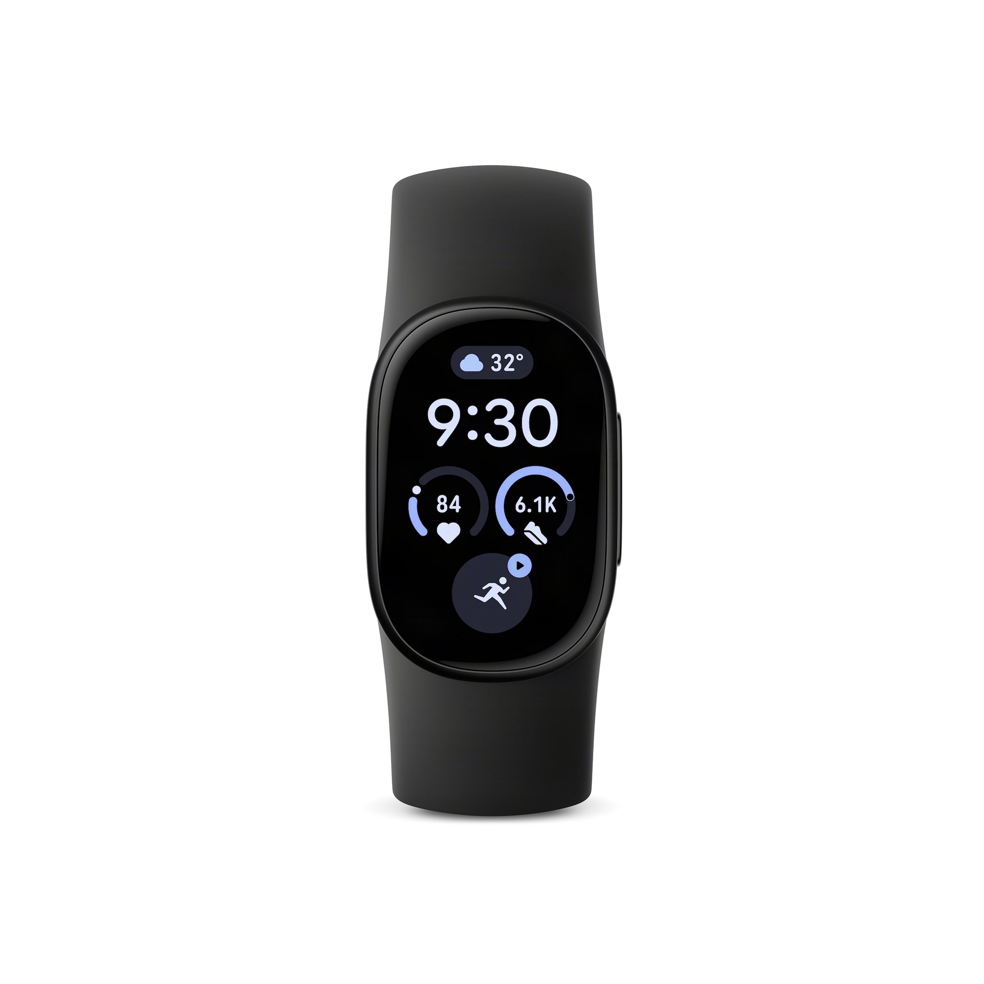 Fitbit Edge в чорному кольорі зі скріншотом дисплея, що показує час та фітнес-дані