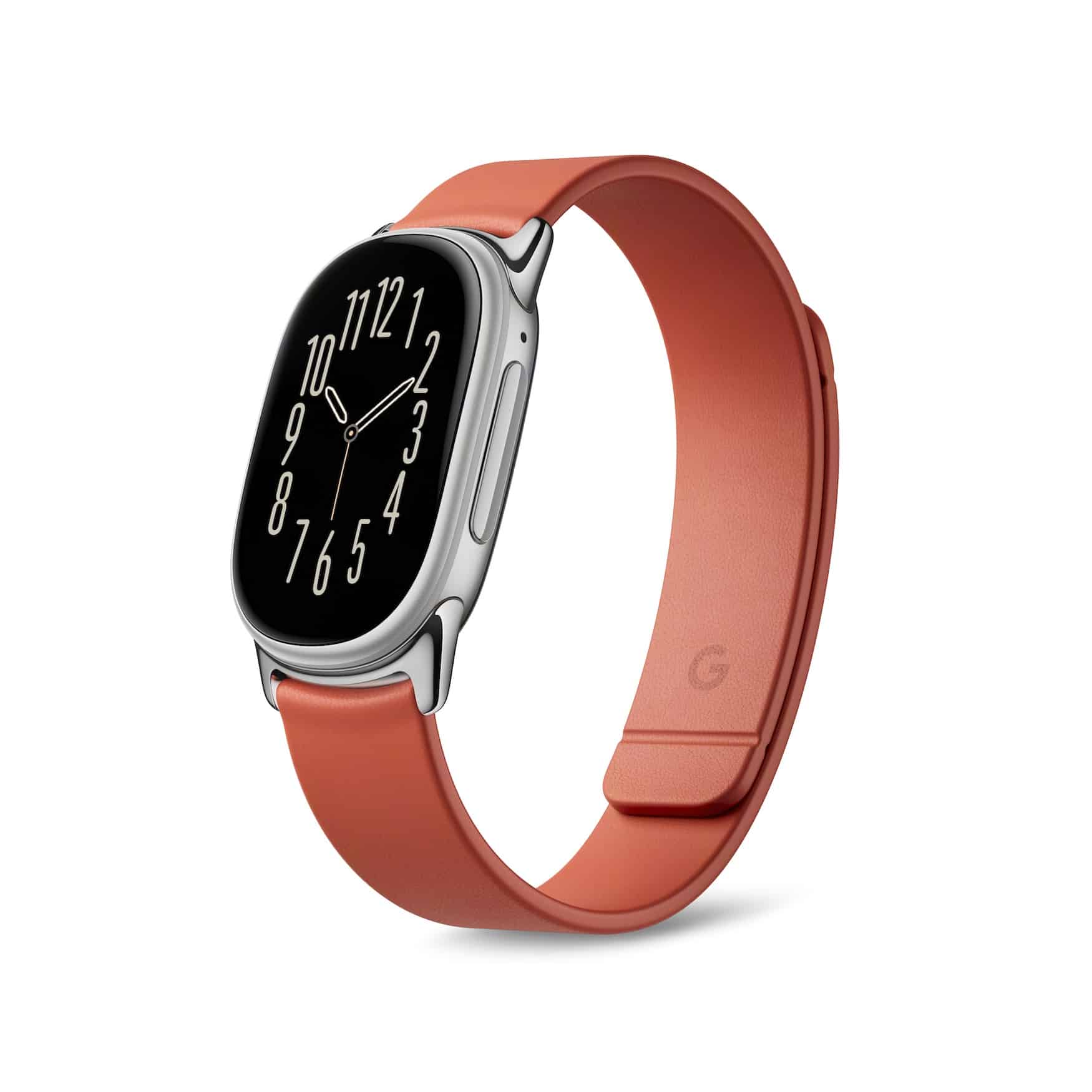 Fitbit Edge з терракотово-оранжевим ремінцем та сріблястим корпусом, вид спереду