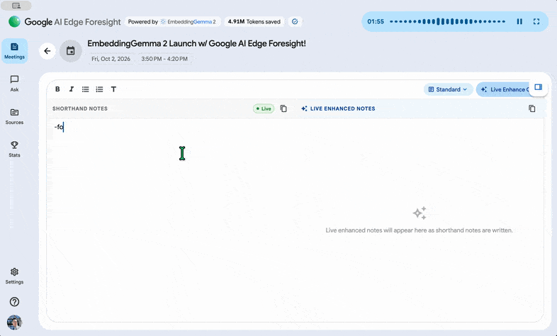 702f5c7a_002 Інтерфейс Google AI Edge Foresight на Mac з панеллю коротких нотаток і підтримкою Live Enhanced Notes для структурованих