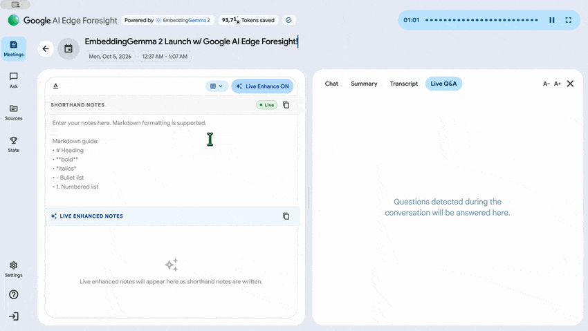 702f5c7a_003 Нотатник Google AI Edge Foresight з вкладками Chat, Summary, Transcript та Live Q&A для аналізу записаних зустрічей