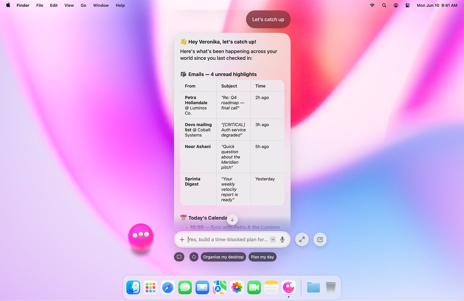 Інтерфейсу Eney на Mac з повідомленням привіту та списком невиконаних електронних листів