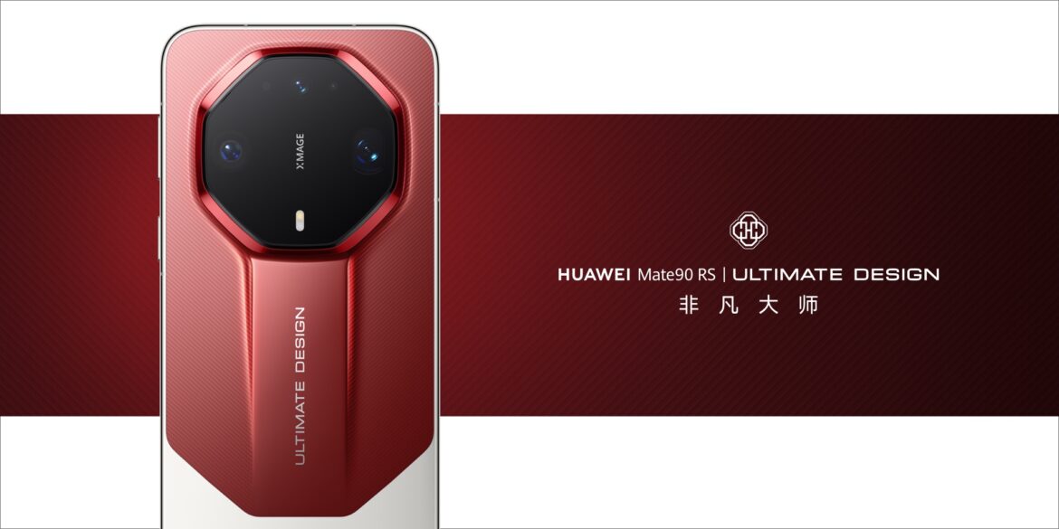 Huawei Mate 90 RS у червоному кольорі Crimson з восьмикутним камерним модулем на задній панелі