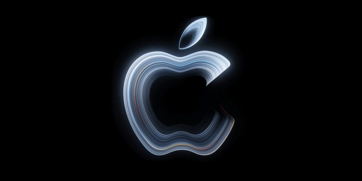 Світловий логотип Apple із хвильовими лініями на чорному тлі