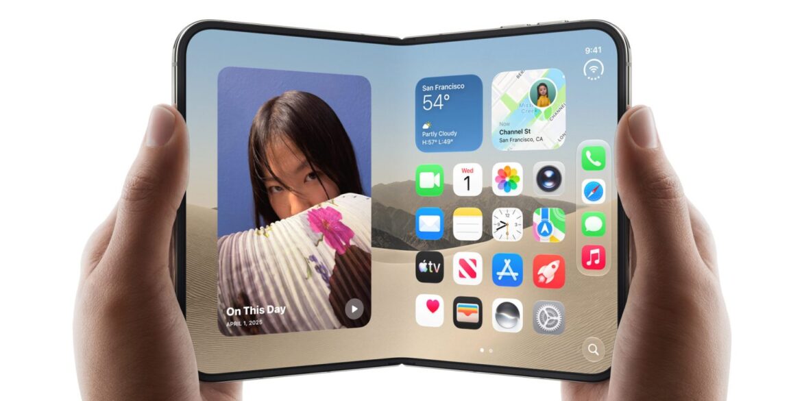 Складаний смартфон iPhone Duo з розгорнутими екранами в руках, на одному екрані видно фото дівчини, на іншому - домашній