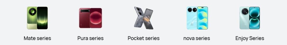 П'ять смартфонів серії Mate, Pura, Pocket, nova та Enjoy від Huawei з різними дизайнами та кольорами корпусів
