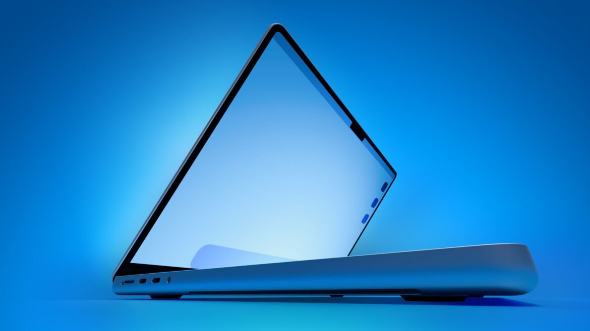 MacBook Pro з відкритим OLED-дисплеєм на синьому фоні, демонстрація сенсорного екрана нової моделі