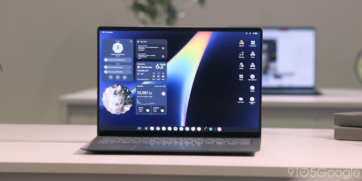 Ноутбук Googlebook з синім екраном та колоровим градієнтом, розташований на столі в офісному середовищі