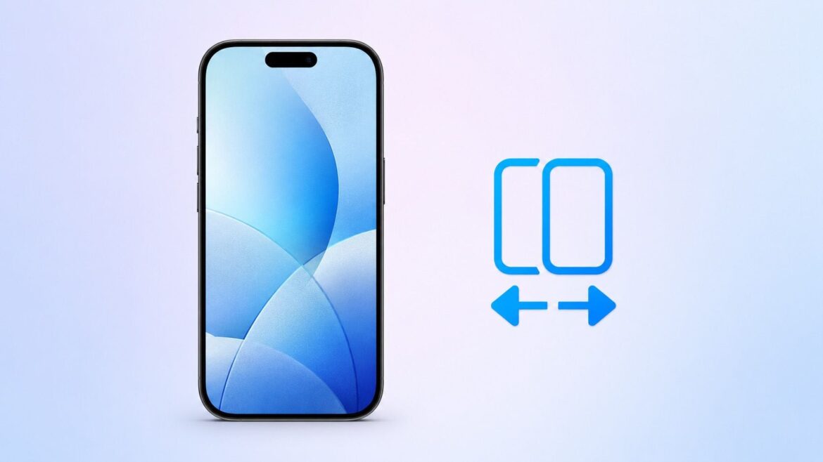 IPhone з блакитним абстрактним дизайном екрана та іконка функції Handoff з двома пристроями та стрілками між ними