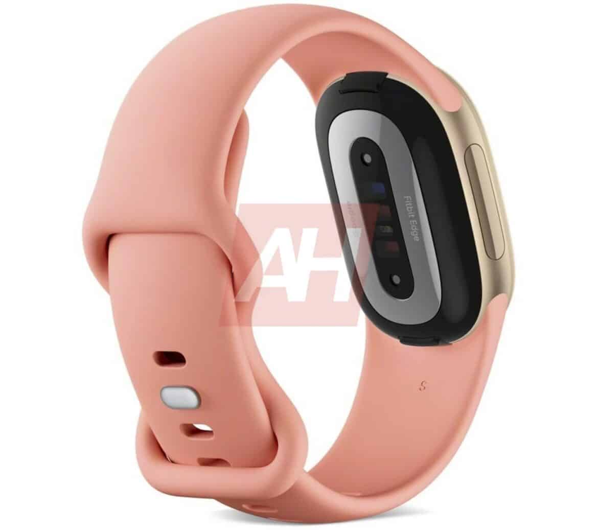 Розумний фітнес-браслет Fitbit Edge в рожевому кольорі з чорним дисплеєм, вид спереду та збоку