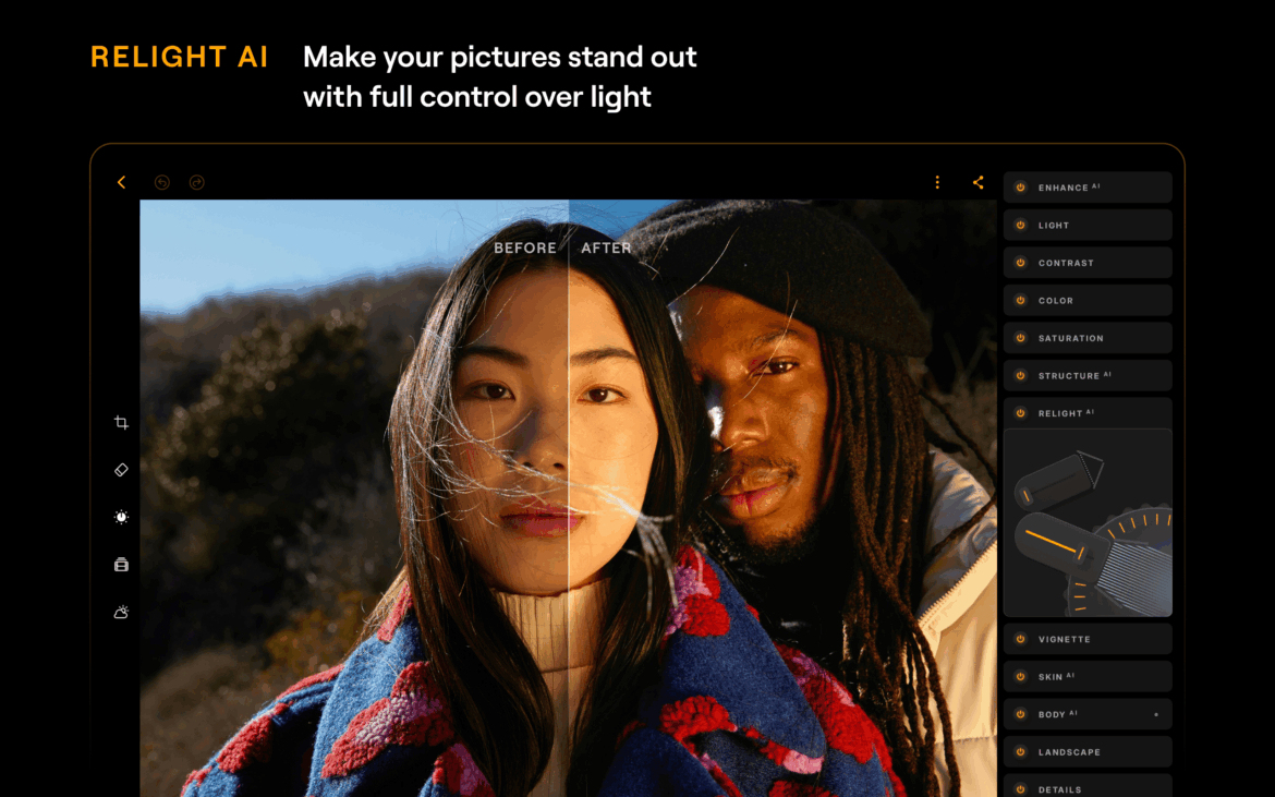 Функції Relight AI в Luminar із портретом двох осіб до і після поліпшення освітлення обличь